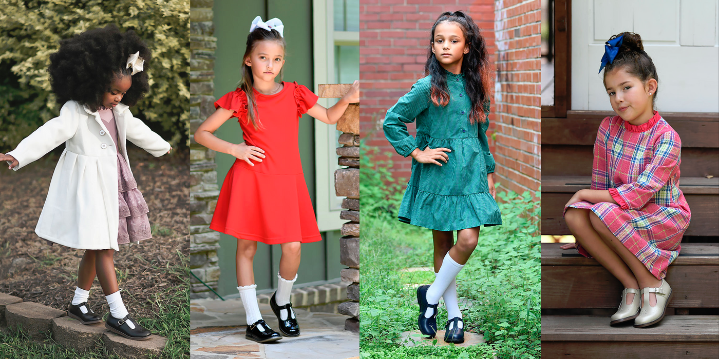 A four image collage of young girls wearing Footmates "Sherry" and "Sherry BTS" T-strap shoes.  There is a clickable link in the bottom left corner of the image to "Shop Footmates Sherry and Sherry BTS T-strap Shoes".