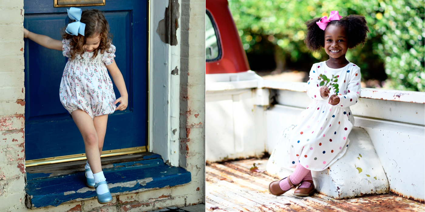 A two image collage of young girls (left and right) each wearing a Footmates "Allie" Mary Jane shoe.  The girl on the left is wearing the "2234" Blue Pearl color, while the girl on the right is wearing the "2235" Chestnut color.  There is a clickable link in the center of the collage image to "Shop Footmates Allie Mary Jane Shoes".