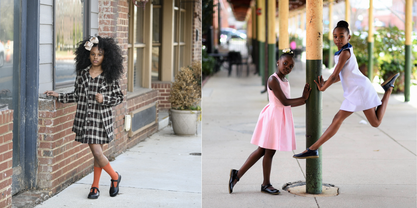 A two image collage of young girls (left and right) each wearing a Footmates "Back-To-School" shoe.  The girl on the left is wearing the "Sherry BTS" "2732" black leather T-Strap, while the two girls on the right are each wearing a "Lydia" hook and loop Mary Jane.  The "2701" navy and "2702" black colors are presented.  There is a clickable link in the center of the collage image to "Shop Footmates BTS Shoes and Sneakers".