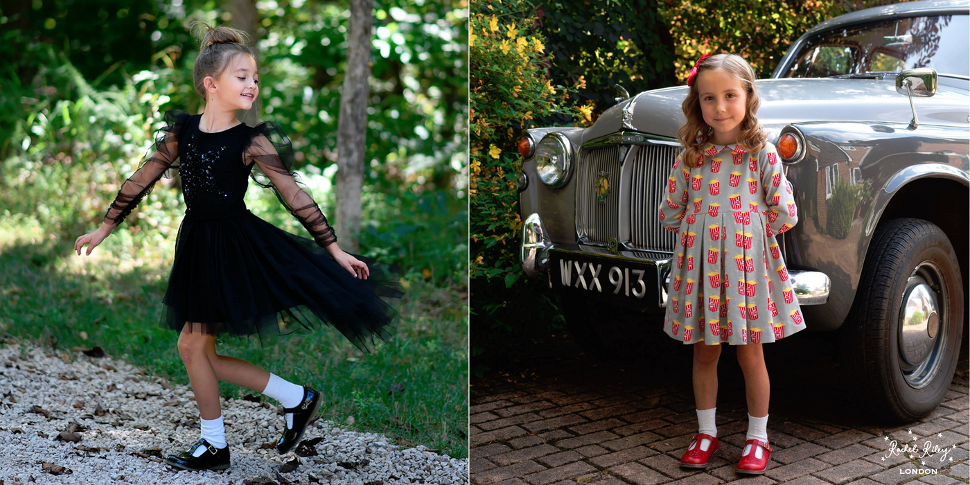 A two image collage of young girls (left and right) each wearing a Footmates "Sherry" T-Strap shoe.  The girl on the left is wearing the "2546" Black Patent color, while the girl on the right is wearing the "2522" Apple Red color.  There is a clickable link in the center of the collage image to "Shop Footmates Sherry T-Strap Shoes".  The image on the right is courtesy of "Rachel Riley, London" and noted as such.