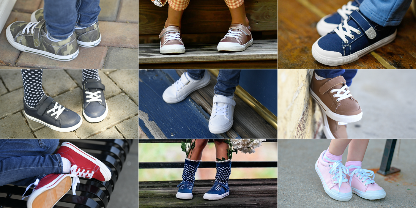 A nine image collage of young girls and boys wearing various Footmates vulcanized canvas and leather sneakers.  Items pictured include the "Drew" T-Strap, "Taylor" lace-up, "Jordan" and "Reese" hook-and-loop closure sneakers.  There is a clickable link in the center of the collage image to "Shop  All Footmates Sneaker Shoes".