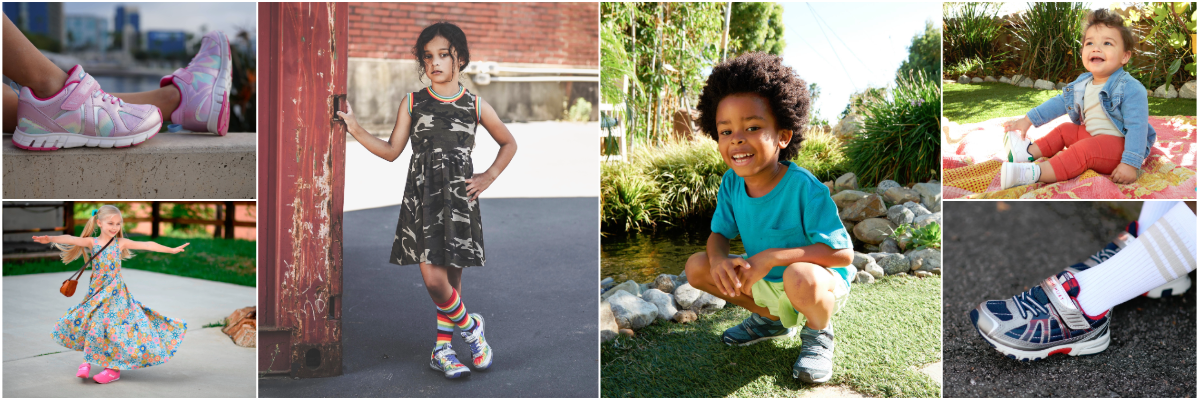 A six image collage of girls and boys wearing various Tsukihoshi sneakers.  There is a clickable link on the bottom left center to "Shop Tsukihoshi Girls Shoes".  There is a clickable link on the bottom right center to "Shop Tsukihoshi Boys Shoes".