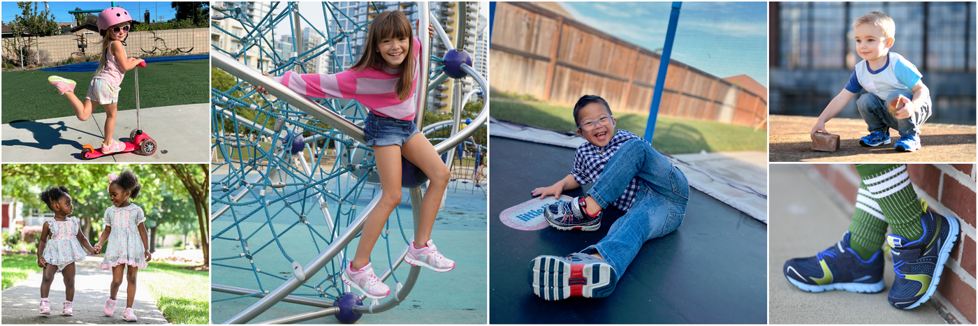 A six image collage of girls and boys wearing various Tsukihoshi sneakers.  There is a clickable link on the bottom left center to "Shop Tsukihoshi Girls Shoes".  There is a clickable link on the bottom right center to "Shop Tsukihoshi Boys Shoes".