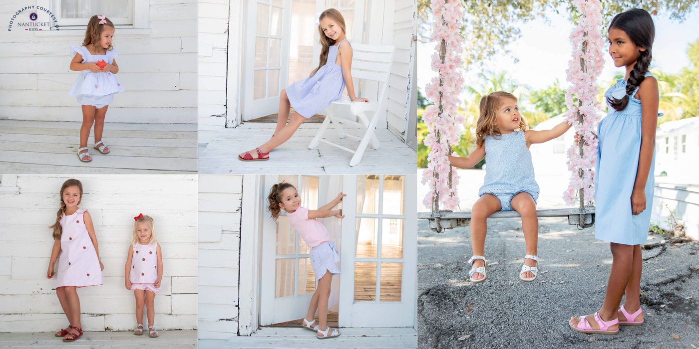 A five image collage of young girls wearing Footmates "Ariel" sandals in various colors such as white, silver, bubblegum pink, and apple red.  There is a clickable link in the bottom left corner of the image to "Shop Footmates Ariel Sandals".  Collage images courtesy of "Nantucket Kids".