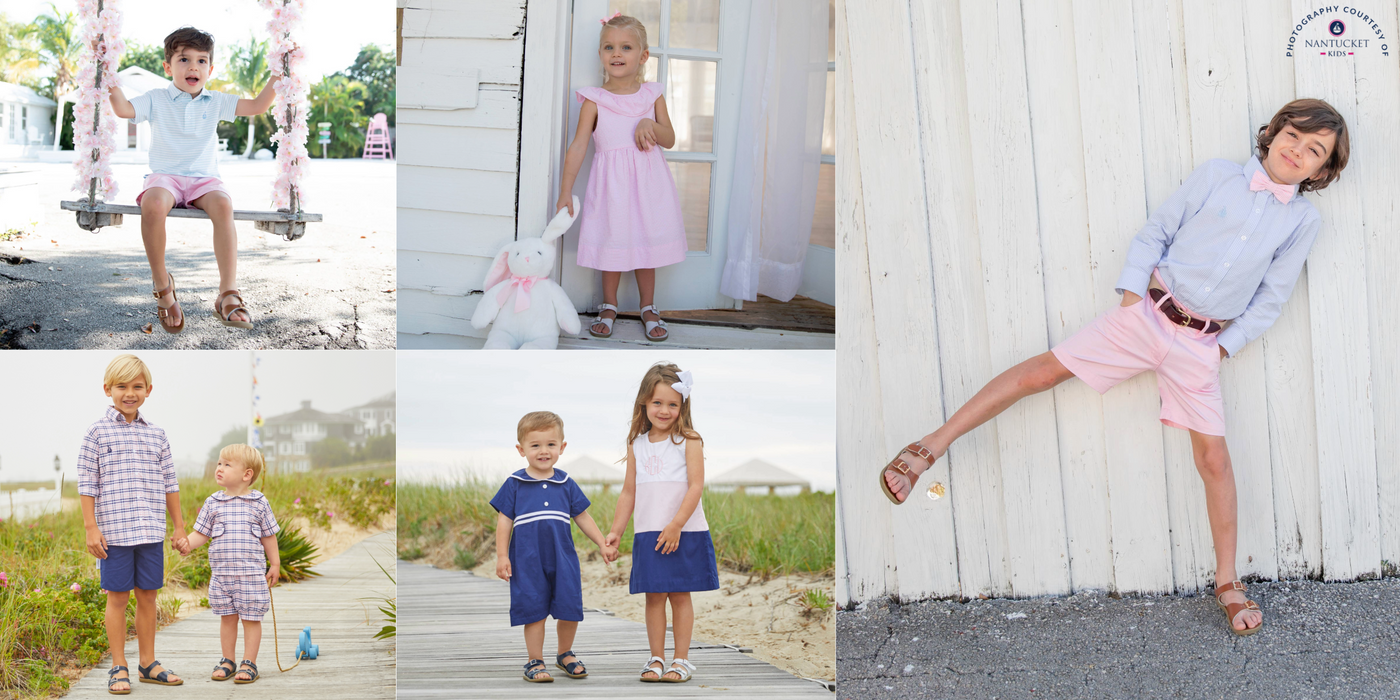 A five image collage of young boys and girls wearing Footmates "Tide" sandals in various colors such as white, tan, and navy.  There is a clickable link in the bottom left corner of the image to "Shop Footmates Tide Sandals".  Collage images courtesy of "Nantucket Kids".