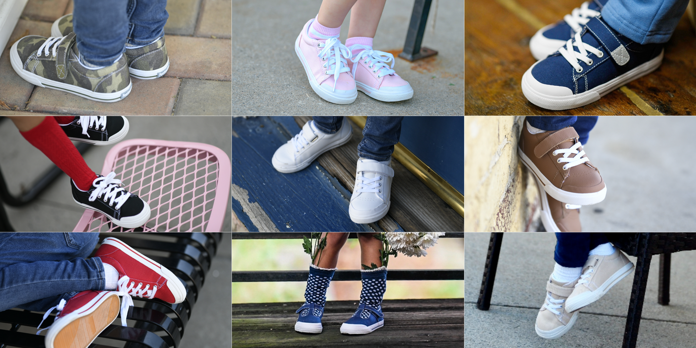 A nine image collage of a young girls and boys wearing various Footmates vulcanized canvas and leather sneakers.  Items pictured include the "Drew" T-Strap, "Taylor" lace-up, "Jordan" and "Reese" hook-and-loop closure sneakers.  There is a clickable link in the bottom center of the collage image to "Shop  All Footmates Sneaker Shoes".